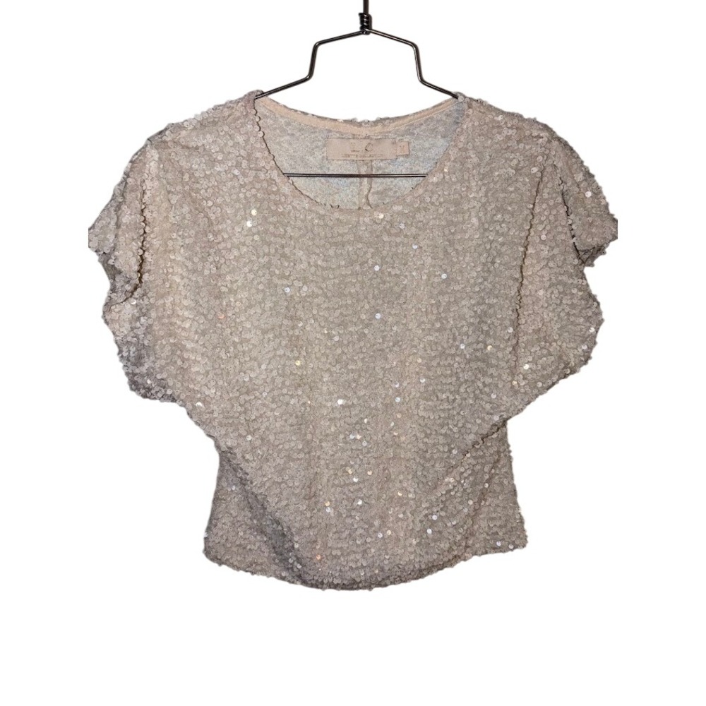 Lizette Collection Womens Sequin Butterfly Sleeve Scoop Neck Blouse Cream Size M
